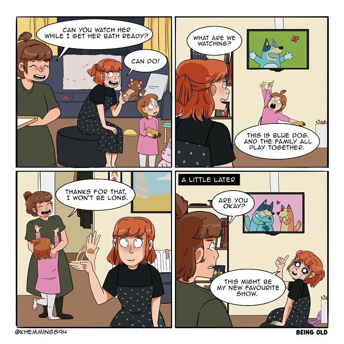 A woman is asked to watch a child while her mother gets ready. The woman and child watch a cartoon called