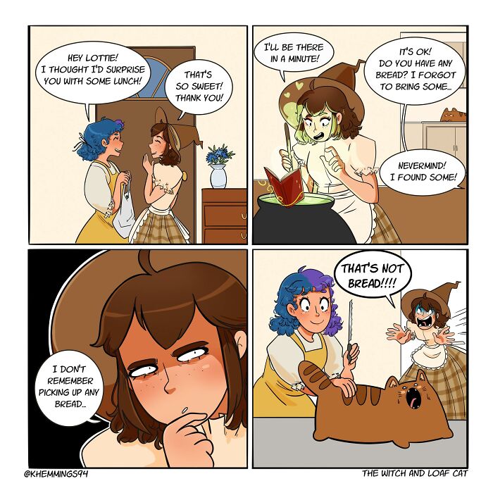A person with blue hair offers lunch to a friend. The friend, a witch, searches for bread in a spellbook, then realizes she has picked up a loaf cat instead.