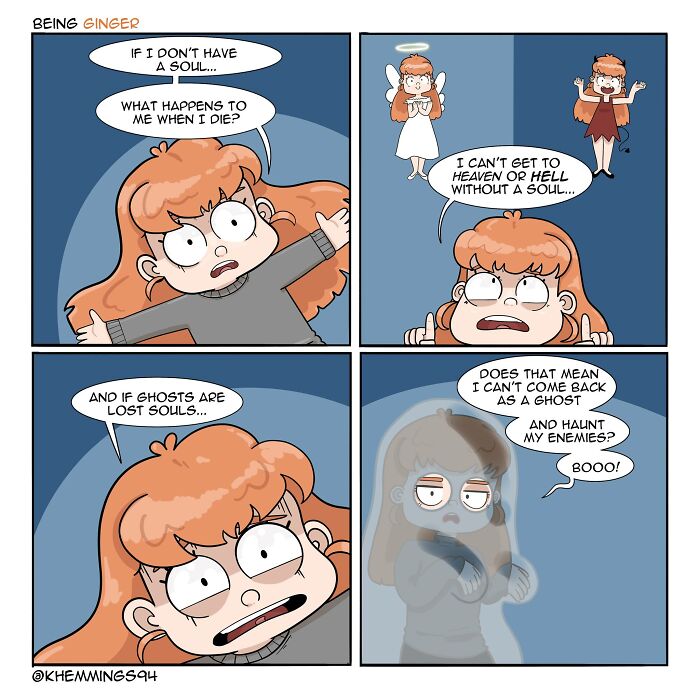 A red-haired character worries about having no soul, pondering their fate after death. They wonder about being a ghost and haunting enemies.