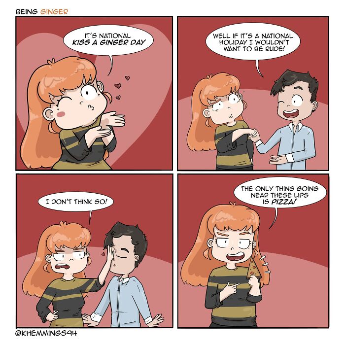 A girl with red hair looks startled as a boy mentions