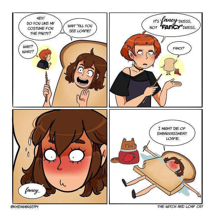 A girl in a bread costume looks embarrassed while her friend explains that the party is