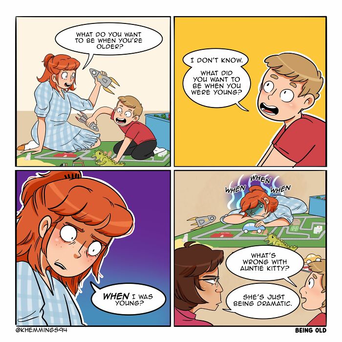 A woman and a child are playing with toys on the floor. The child asks what she wanted to be when she was young, making her look shocked and thoughtful. In the next panel, another child asks what’s wrong with her.