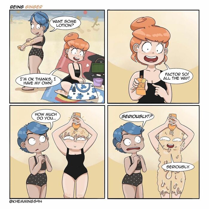 Two women at the beach discuss sunscreen. One pours an excessive amount on herself, covering her entire body.