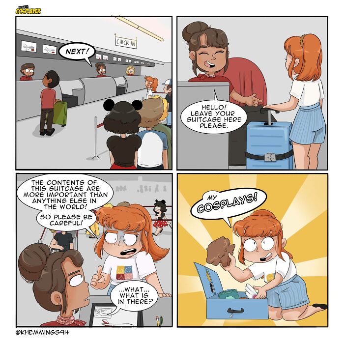 A woman anxiously checks in her suitcase at an airport, and frantically warns the attendant about its importance. Inside, the suitcase is filled with her precious cosplays.