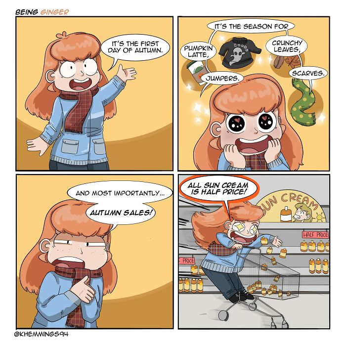 A red-haired girl expresses excitement about autumn, imagining pumpkin lattes and scarves. In the last frame, she races a shopping cart through a store to grab half-priced sun cream.
