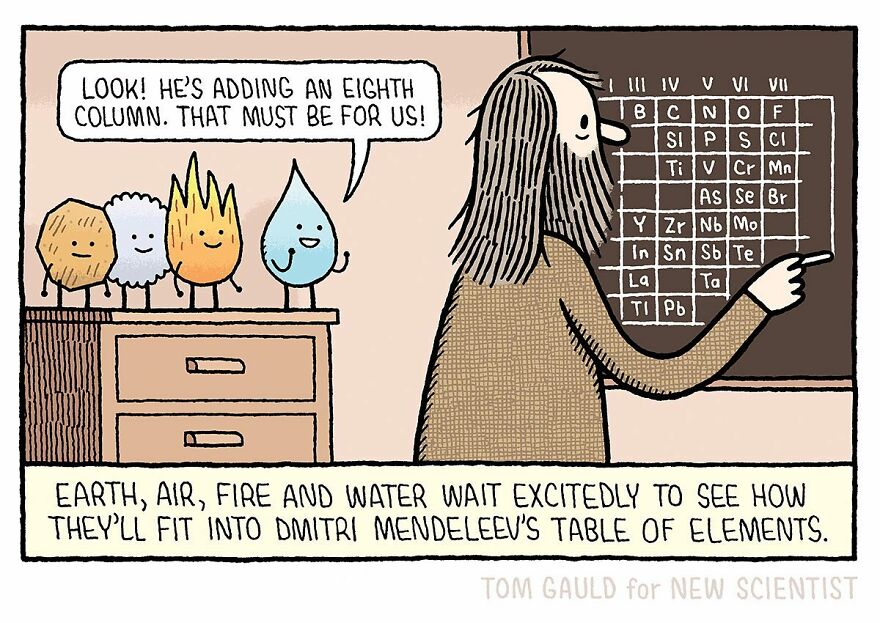 Four cartoon elements—earth, air, fire, water—excitedly watch as a bearded man adds an eighth column to a chalkboard periodic table.
