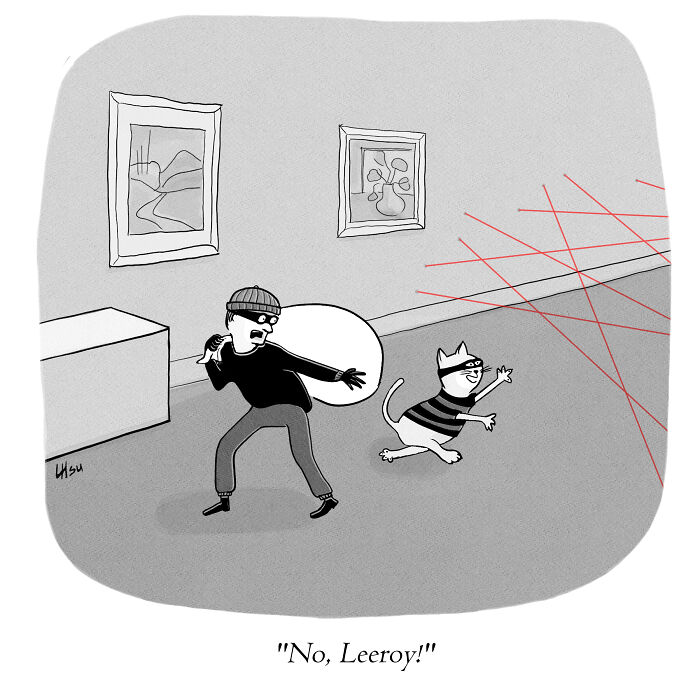 A person dressed as a burglar is holding a large sack and looking surprised as a cat, also wearing a burglar outfit, runs towards a web of red laser beams.