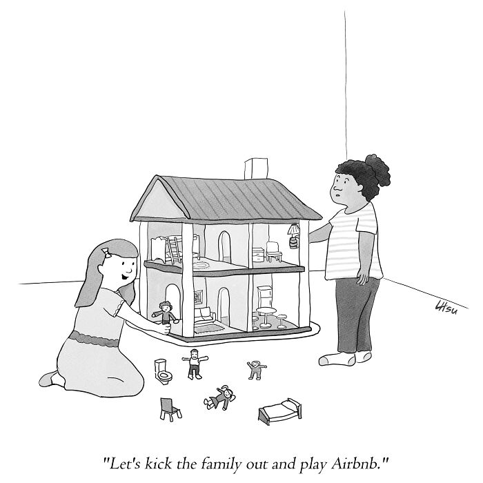 Two children are playing with a dollhouse. One child suggests they