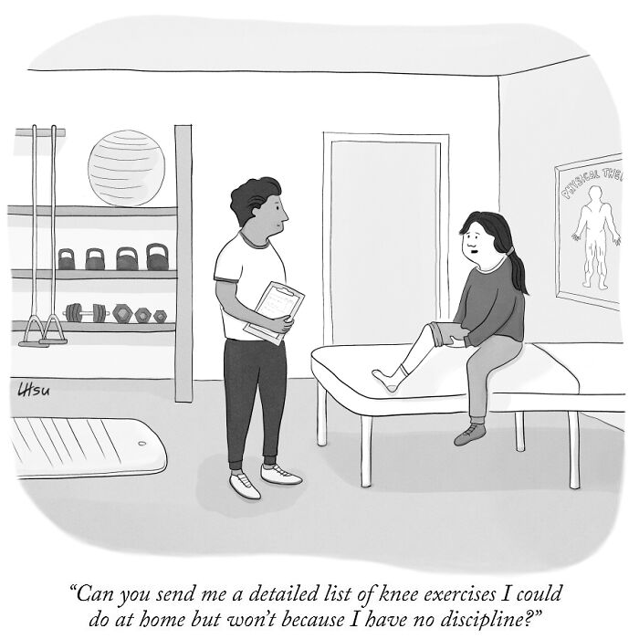 A person sits on an exam table at a physical therapy office, speaking to a therapist while holding their knee. They request a list of exercises they likely won't do.