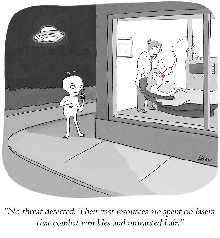An alien stands outside a glass window, observing a human getting a laser beauty treatment inside. The alien is holding a handheld device, possibly taking notes.