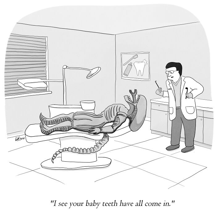 An alien lies on a dentist chair with its mouth open, while a dentist looks on with surprise. A dental chart is visible on the wall.