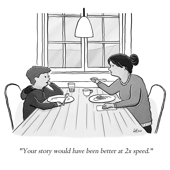 A child and a parent sit at a dining table eating breakfast. The parent tells the child,