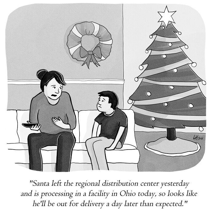 A parent explains to a child that Santa is delayed due to processing at a facility, while they sit on a couch near a Christmas tree.