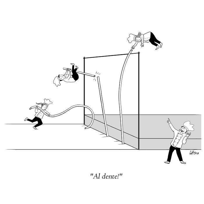A chef uses a long piece of spaghetti to pole vault over a high bar while another chef cheers him on energetically.