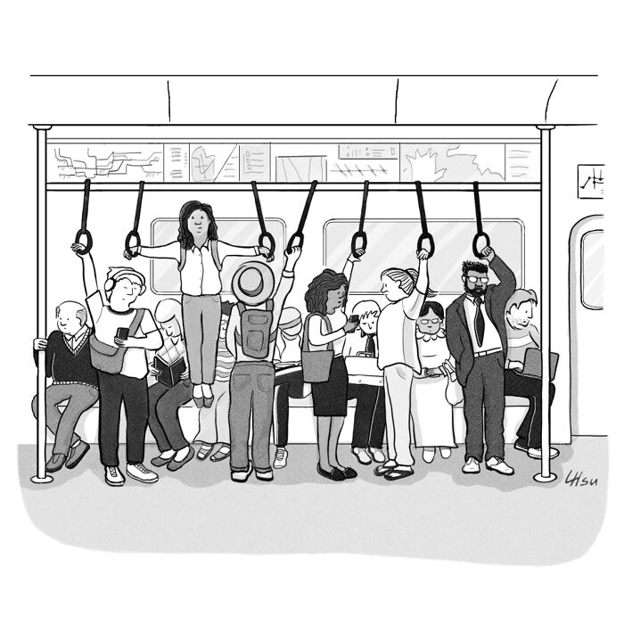 A woman is levitating off the floor inside a crowded subway car, holding onto the overhead straps with several other passengers standing or sitting around her.