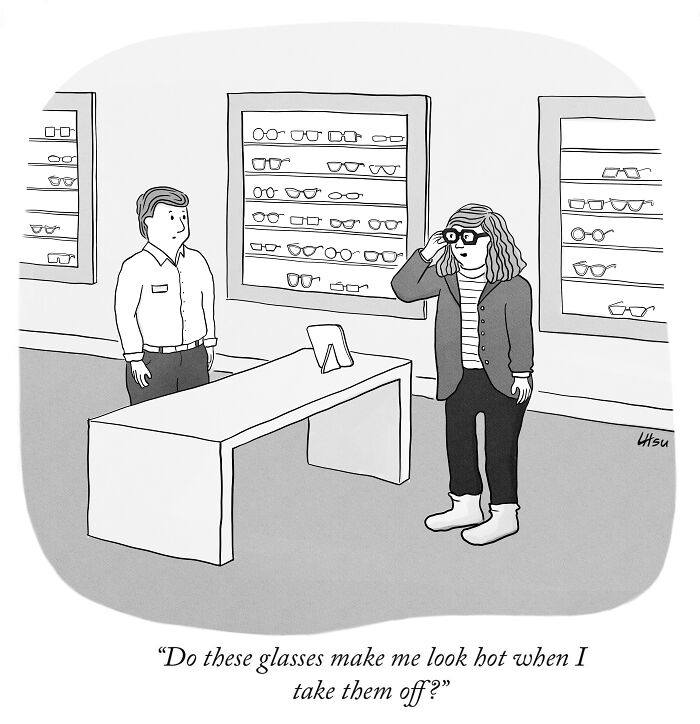 A person trying on glasses at an eyewear store asks the salesperson if the glasses make them look attractive when removed.