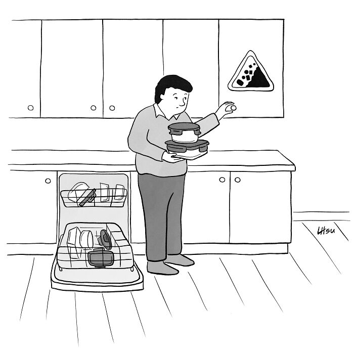 A person stands in front of an open dishwasher holding plastic containers with lids, looking at a cupboard, which has a sign warning of falling containers.