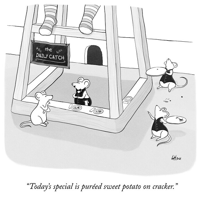 Mice are gathered under a table playing as a restaurant named