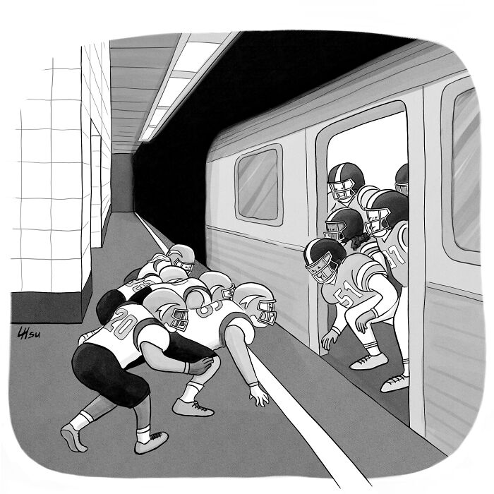 Two groups of football players, in full gear, face off in a standoff between a subway platform and a train car.