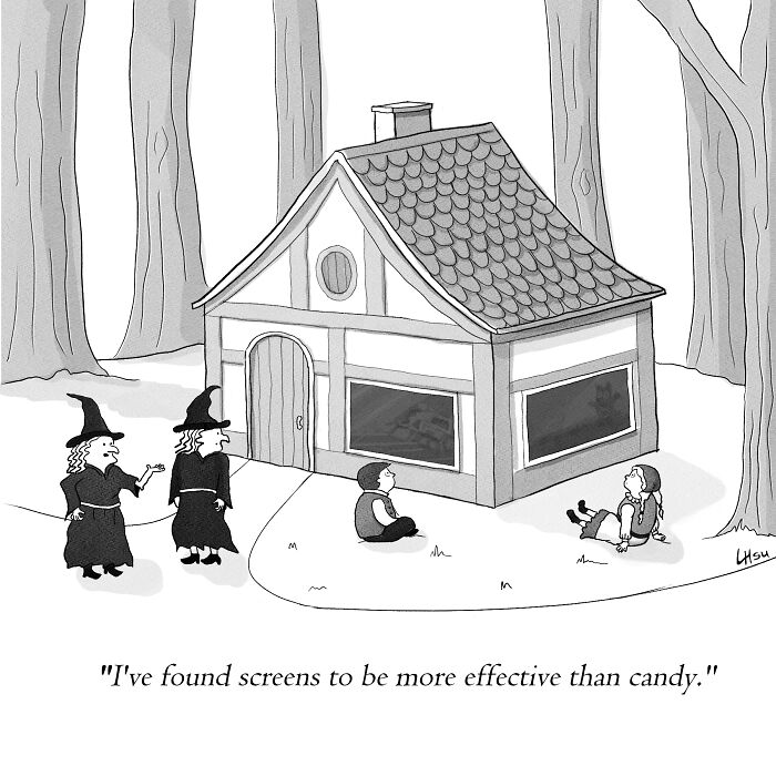 Two witches stand outside a house, watching two children engrossed in screens. The caption reads,
