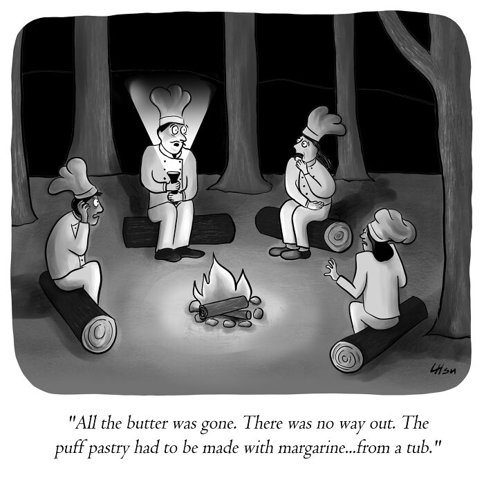 Four chefs sit on logs around a campfire in the woods. One chef is telling a story about using margarine instead of butter, and the others look horrified.