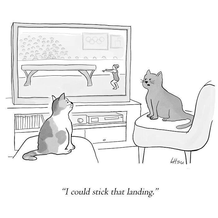 Two cats are watching a gymnastics event on TV. One cat looks at the screen, while the other confidently states,