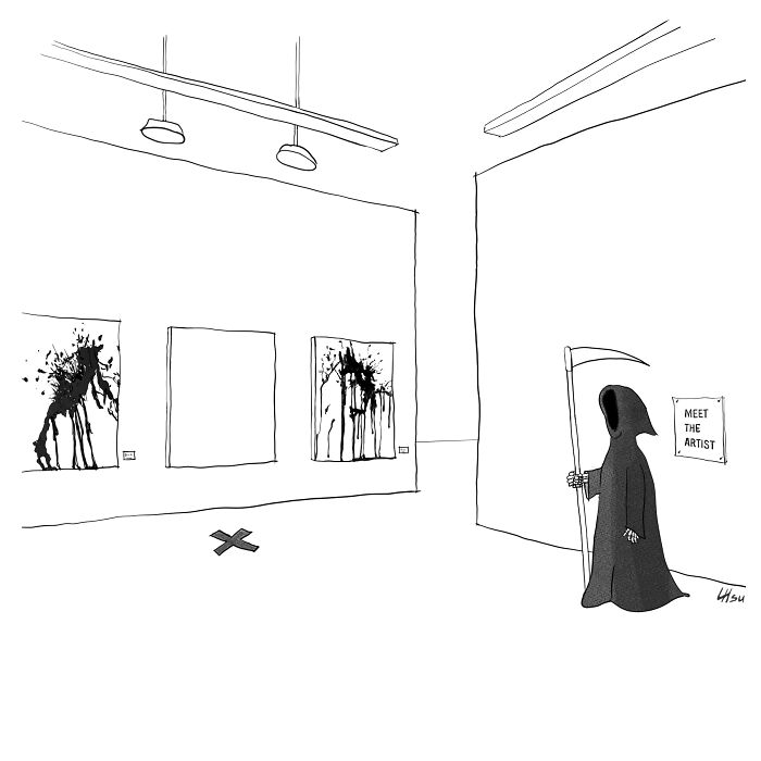 A figure dressed as the Grim Reaper stands inside an art gallery next to a sign that says