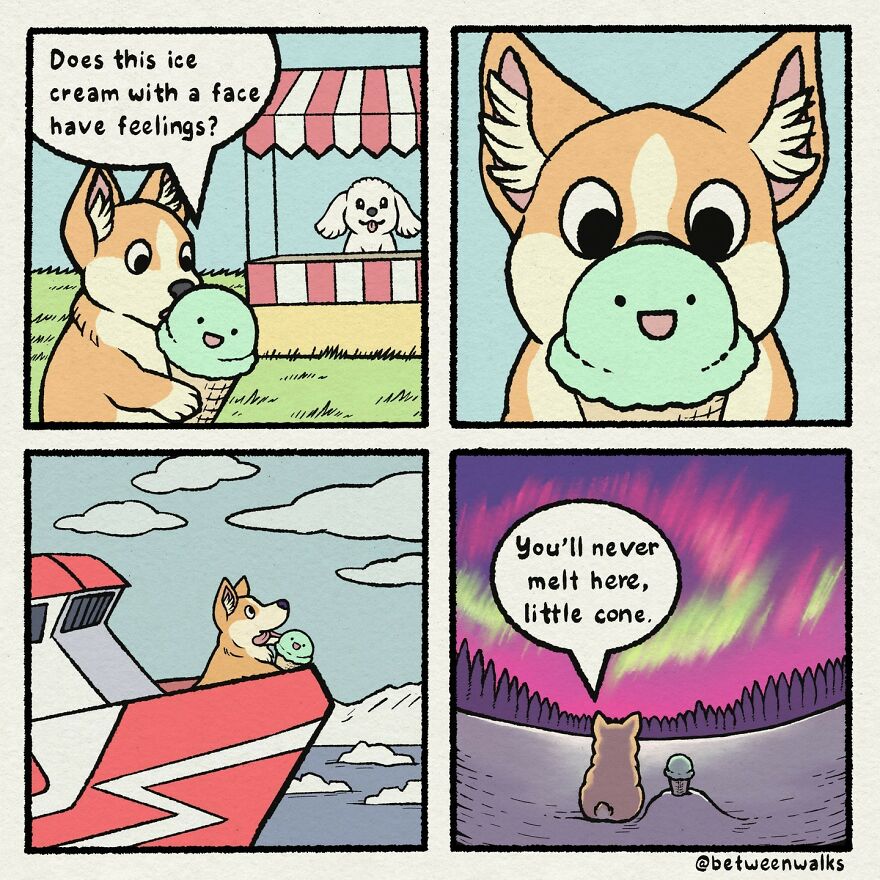 A dog holds an ice cream cone with a face, questions if it has feelings, then takes it on a boat and to a snowy landscape.