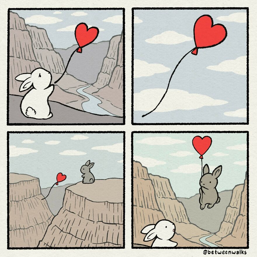 A white bunny releases a heart-shaped balloon that floats away, only to find a gray bunny being carried by it over a canyon.