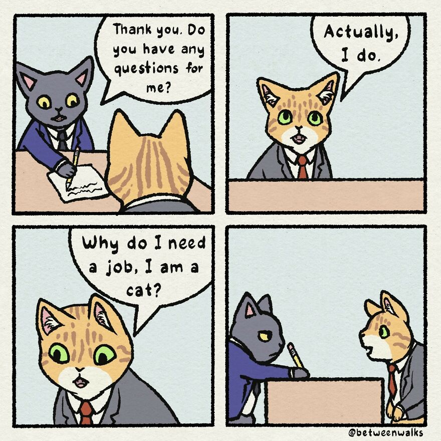 Two cats in suits are having an interview. The first cat asks if there are any questions, and the second cat wonders why it needs a job since it’s a cat.