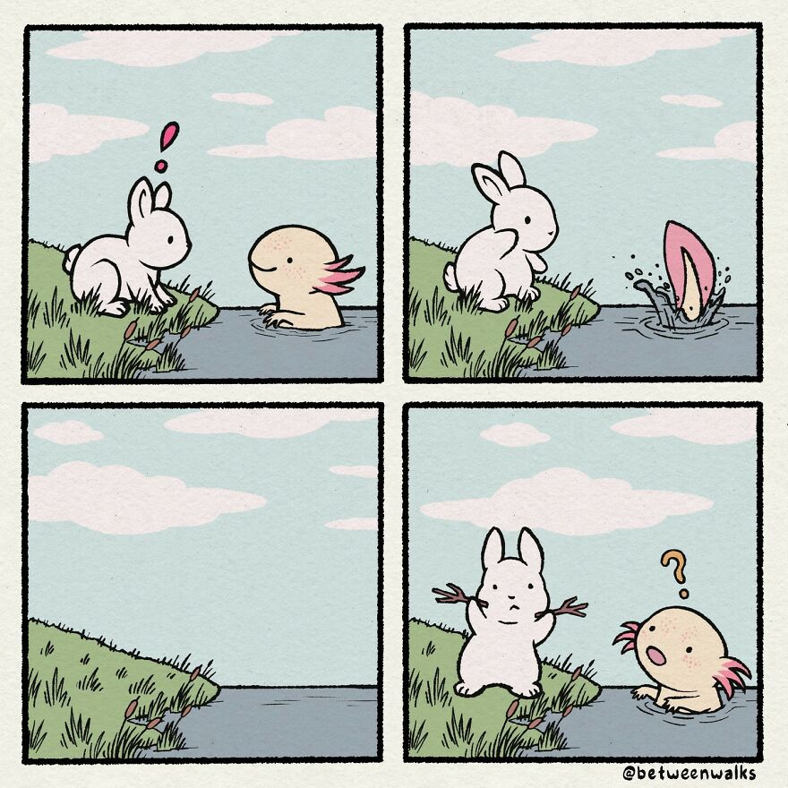 A bunny and an axolotl face each other by a pond. The bunny hops into the water, causing a splash. The axolotl looks confused while the bunny appears surprised in the water.