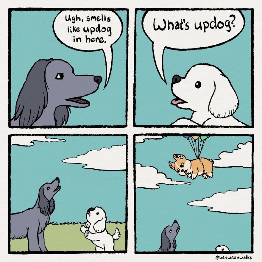 Two dogs are talking; one says it smells like