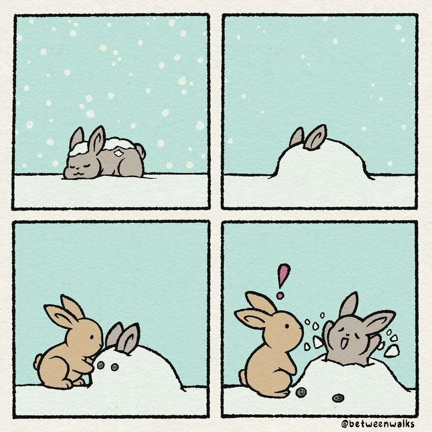 A comic strip shows a bunny covering itself with snow. Another bunny approaches, finds the ears sticking out, and pokes them, revealing the hidden bunny underneath.