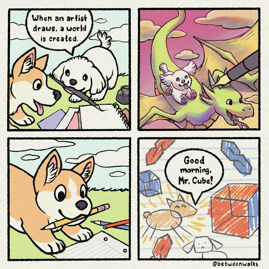A comic strip showing dogs drawing. One drawing imagines a dog riding a dragon. Another drawing greets a cube figure.