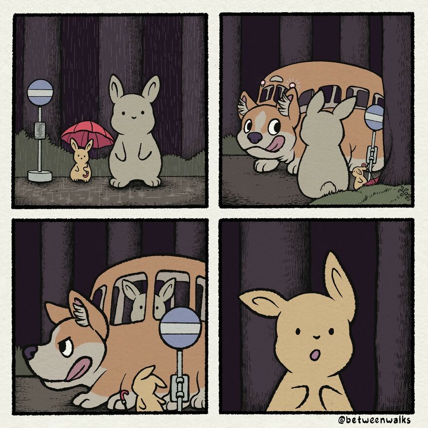 A rabbit with an umbrella waits at a bus stop, then boards a bus shaped like a corgi. The rabbit looks surprised in the end.
