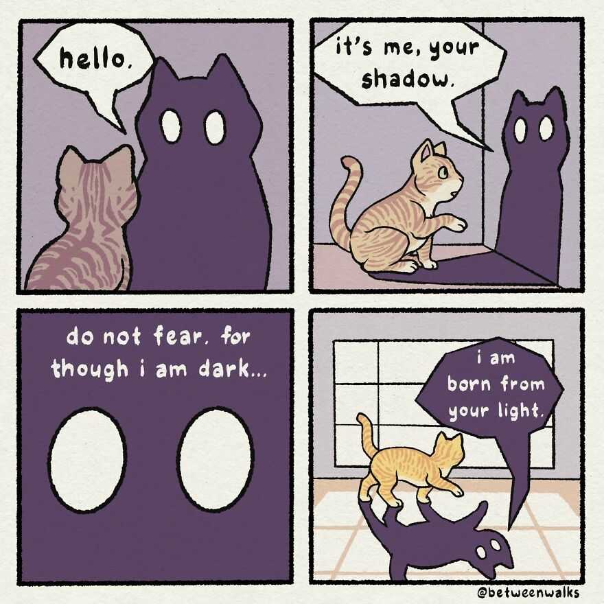 A comic strip featuring a cat and its shadow. The shadow greets the cat, reassures it not to fear the darkness, and explains that it is created by the cat's light.