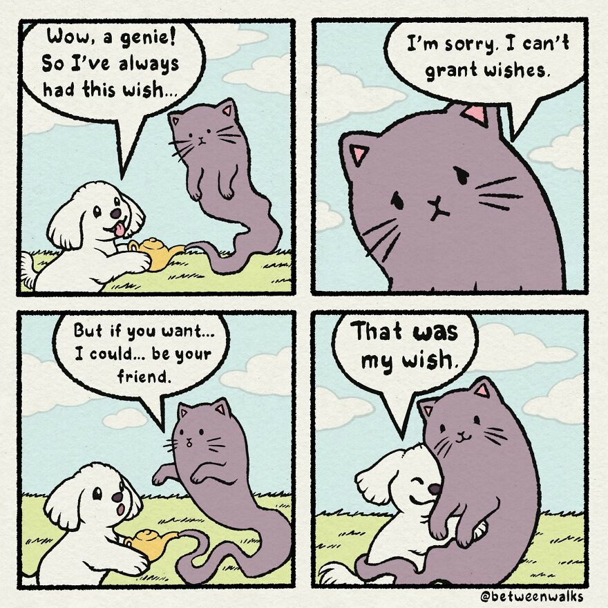 A dog holds a lamp in a field as a cat-shaped genie appears and says it can't grant wishes. In the end, the cat offers friendship, fulfilling the dog's wish.