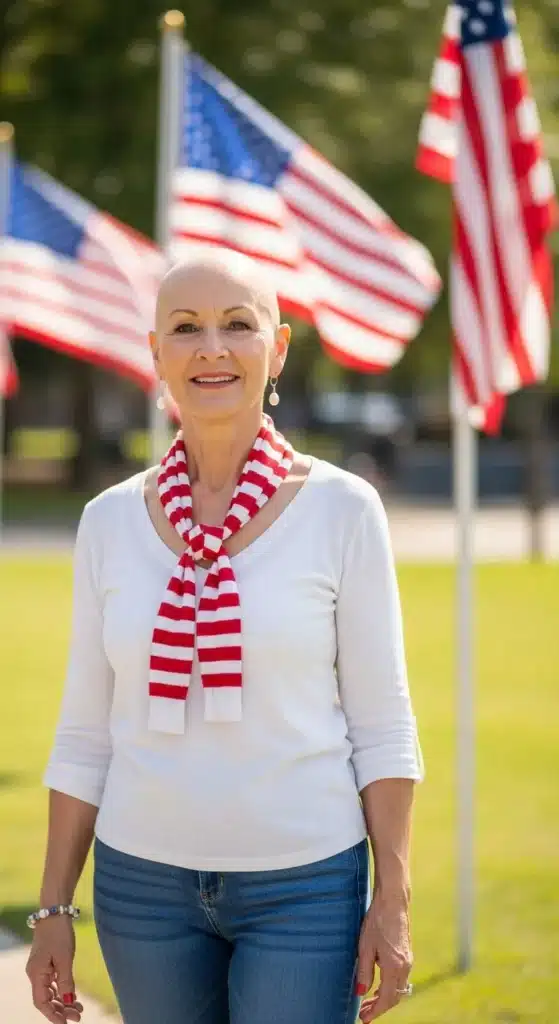 Bald hairstyle for women over 60 styled for 4th of July 2025, showing confident smooth head in a bright festive outdoor setting.