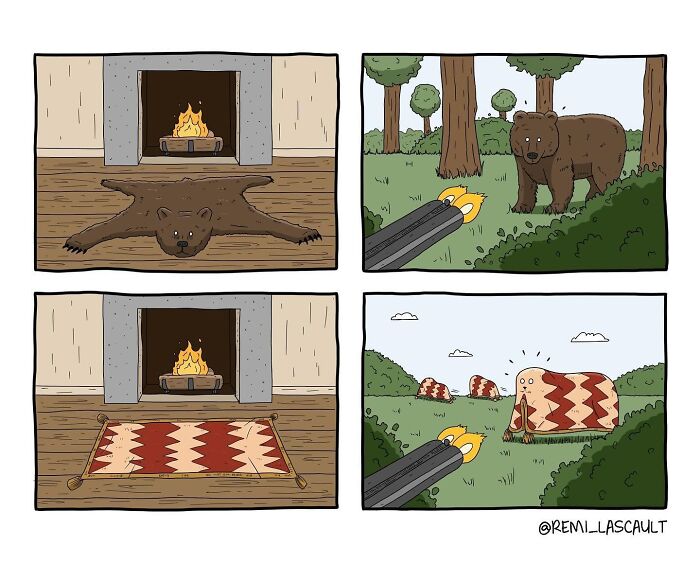 A comic showing a bear rug in front of a fireplace, then a hunter aiming at a bear in the woods. The next scene shows a patterned rug in front of the fireplace, and the last panel reveals a patterned rug with a bear head in the forest.