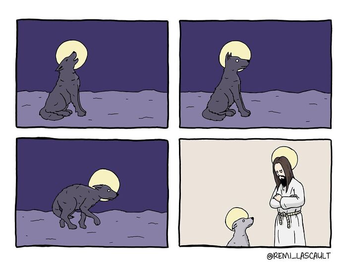 A wolf howls at the moon, which then turns into a halo. The wolf looks surprised, and in the final panel, it's standing next to a human figure with a halo.