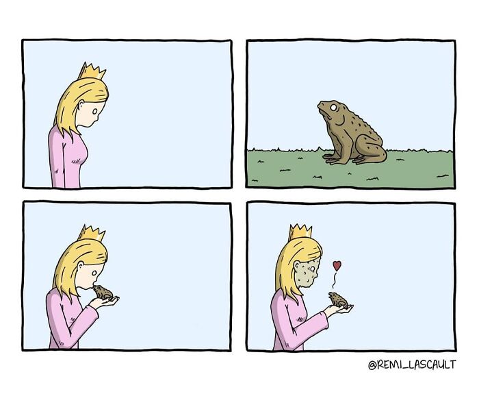 A princess leans down to kiss a frog. After the kiss, she turns into a frog herself with a heart floating above them.
