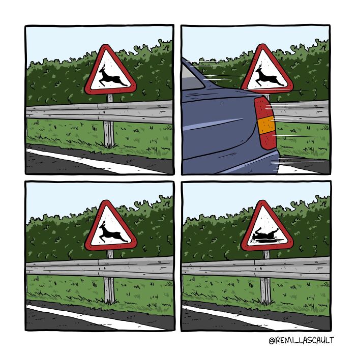 A road sign showing a leaping deer first, then a car passes, and the sign changes to a deer lying on the ground.