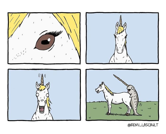 A unicorn is shown in close-up, appearing thoughtful, followed by a surprised expression. In the final panel, a unicorn with a narwhal stuck on its horn is seen.