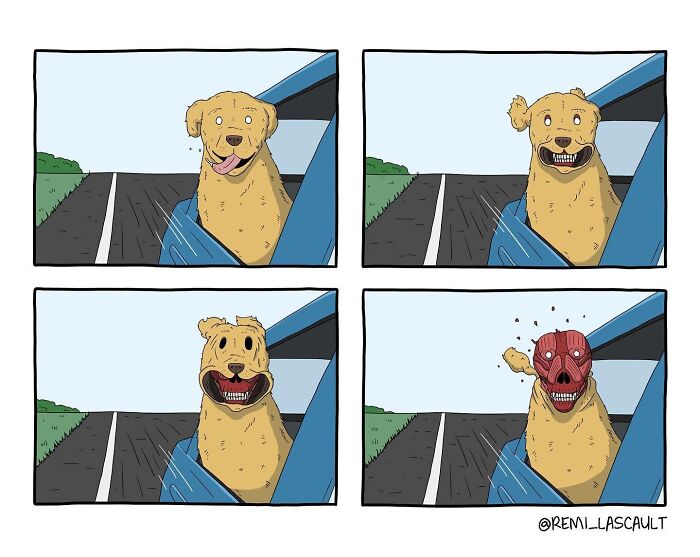 A dog with its head out of a car window appears cheerful in the first frame but gradually reveals a menacing, red-skinned face, ending with a sinister look.