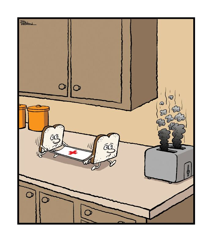 Two slices of bread with worried expressions use a makeshift stretcher to carry another piece of burnt toast away from a smoking toaster.
