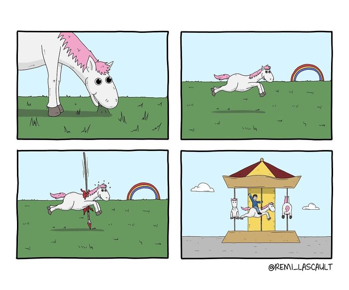 A unicorn is grazing in a field. It suddenly gets speared through the middle by a pole and ends up as part of a carousel, with a surprised expression.