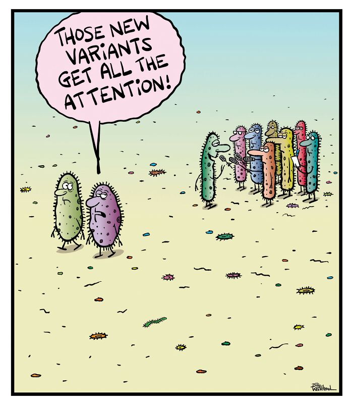 Two microbes stand together, one complaining about how the new variants get all the attention, while a group of more colorful microbes chat in the background.