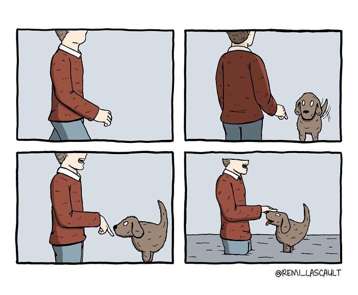 A man extends his hand to a happy dog wagging its tail. In the next panel, the dog unexpectedly bites the man’s hand.