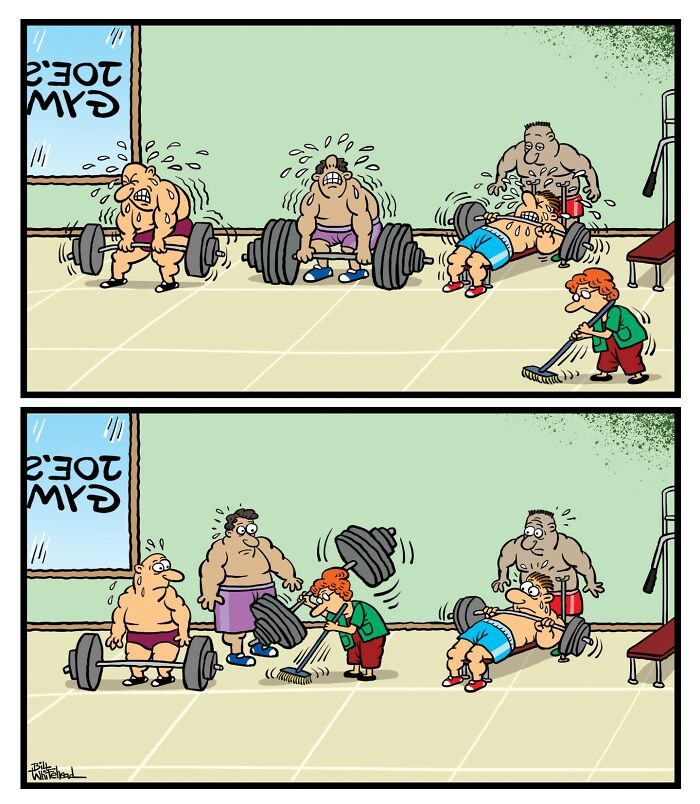 Men lifting weights at the gym look exhausted and sweaty, while a boy mops up their sweat with a nonchalant expression.