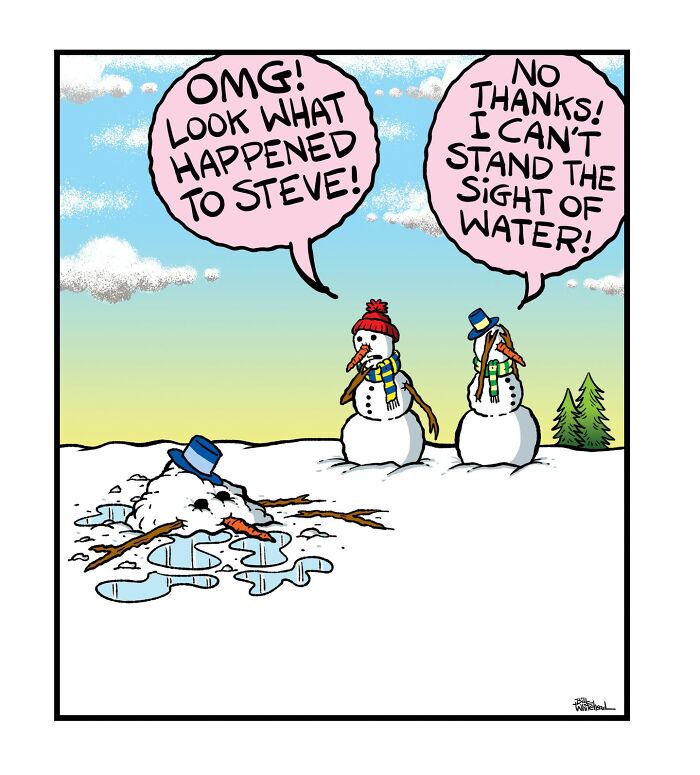 Two snowmen stand beside a melting snowman puddle. One snowman looks concerned, and the other covers its eyes in avoidance.